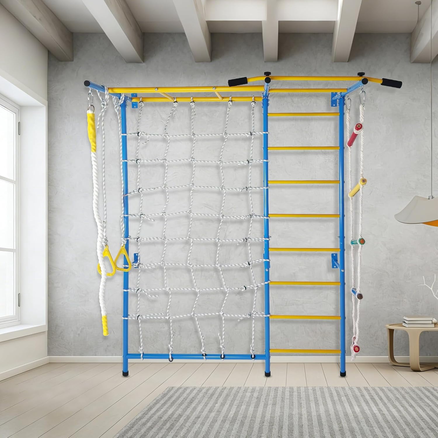 Heavy-Duty 7-in-1 Kids Climbing Gym – Steel Wall-Mounted Monkey Bars with 220 lbs Capacity, Includes Rope Ladder, Rings & Pull-up Bar for Home Play