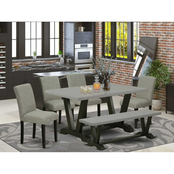 East West Furniture V696AB106-6 6-Pc Kitchen Table Set - 4 Parson Chairs, a Wooden Bench Cement Top and 1 Modern Cement Dining Table Top with High Chair Back - Wire Brushed Black Finish