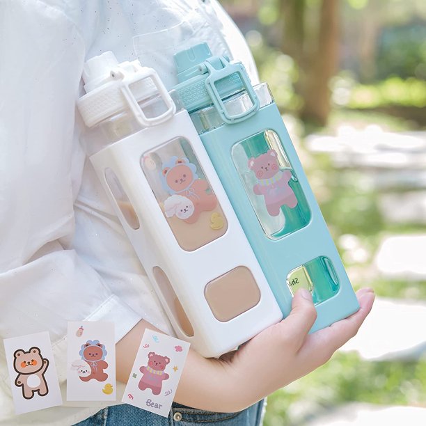 Kawaii Water Bottle With Straw And Sticker 23.6Oz No Leak Large Cute Kawaii  Bear Water Bottles Sport Plastic Portable Square Drinking Bottle For Kids