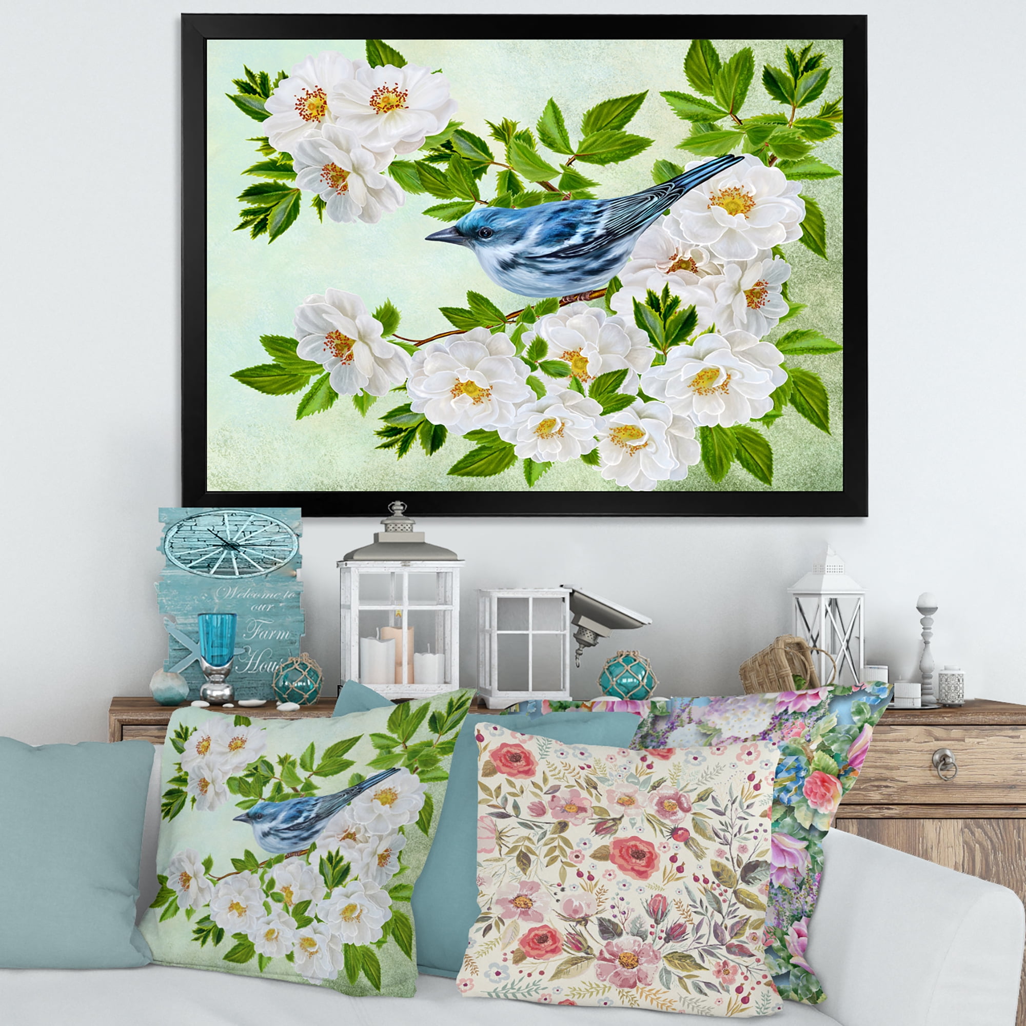 Designart 'Little Blue Bird Sitting On A Branch of White Rose Plant' Traditional Framed Art Print