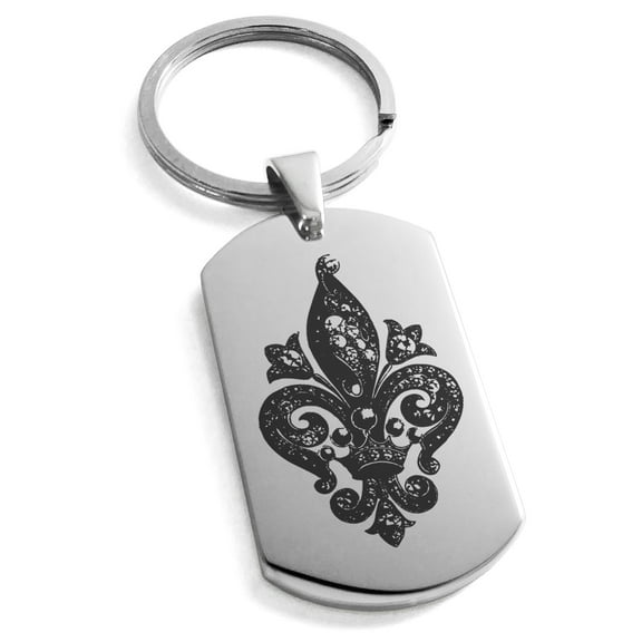Stainless Steel Crown Fleur De Lis Engraved Dog Tag Keychain Keyring
