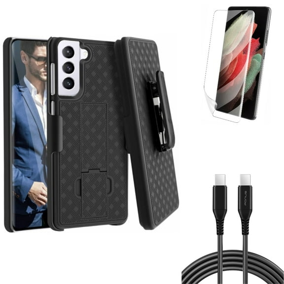 Matte Screen Protector w 6ft Long USB-C Cable w Case Belt Clip for Samsung Galaxy S21 Plus - TPU Film Anti-Glare, PD Fast Charger Cord Power, Holster Swivel Accessory Bundle