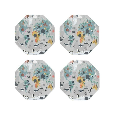 

Matuu The World Map with Cartoon Animals for Cup Coasters Set of 4 Leather Coasters Desk Coasters for Office Measures 4” x 4”-Octagon