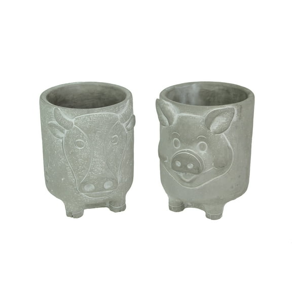 Gerson Gray Concrete Cow and Pig Barnyard Animal Planters 8 inch (Set of 2)