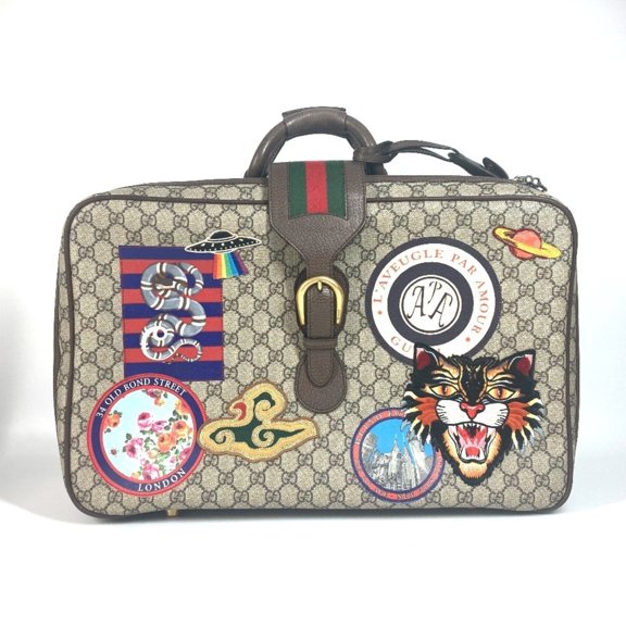 Pre-Owned GUCCI GG Supreme Angry Cat Snake Patch Travel Bag (424501) in Beige Canvas for Men...
