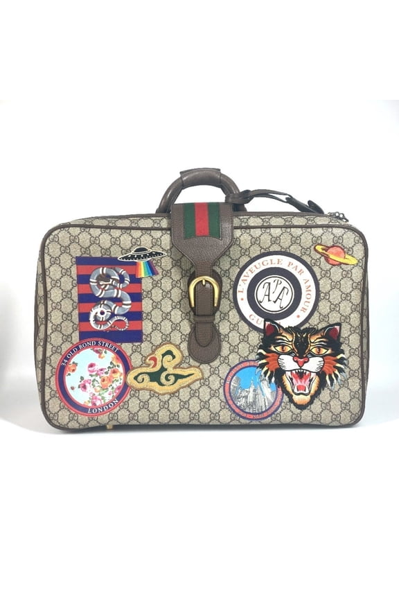 Pre-Owned GUCCI GG Supreme Angry Cat Snake Patch Travel Bag (424501) in Beige Canvas... (Good)