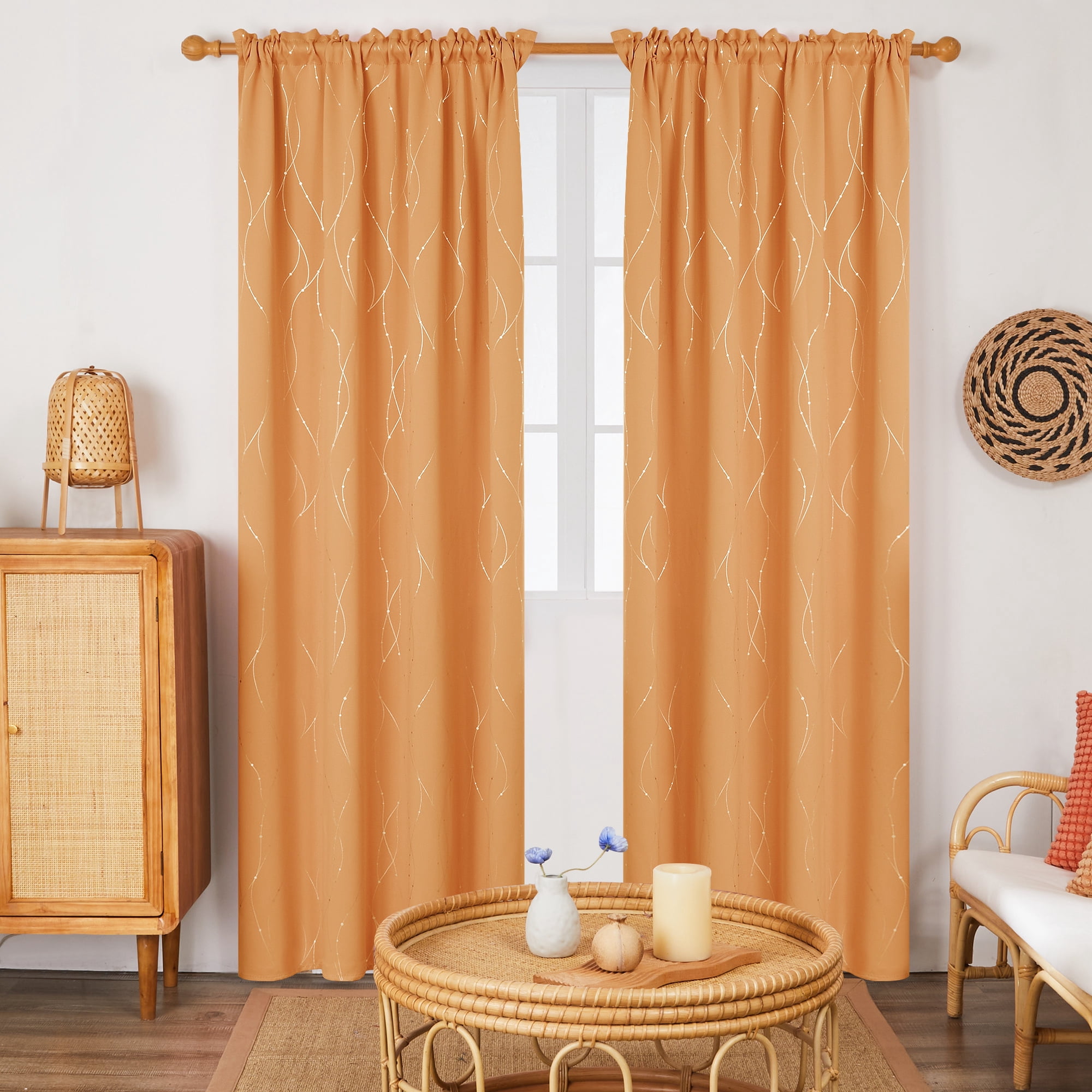 Deconovo Orange Flame Halloween Blackout Curtains Wave Line Foil Printed Window Drapes ,2 Panels, 52 x 84 inch
