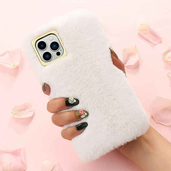 Compatible with iPhone 13 Pro Furry Case Cute Fluffy Faux Fur Plush Case Luxury Fuzzy Girls Women Super Soft TPU Silicon Shockproof Protective Case Cover for iPhone 13 Pro, White