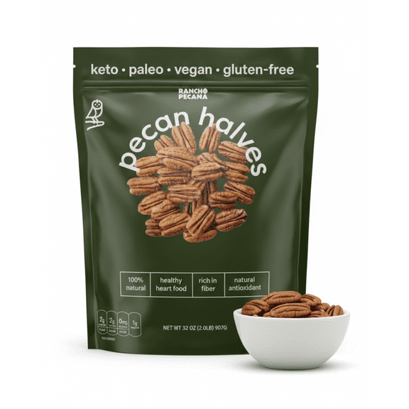 Rancho Pecana Premium Natural Pecan Halves 2 LB (32Oz), Non-GMO, Gluten-Free, Heart Healthy, Freshly Packed for Maximum Flavor and Crunch