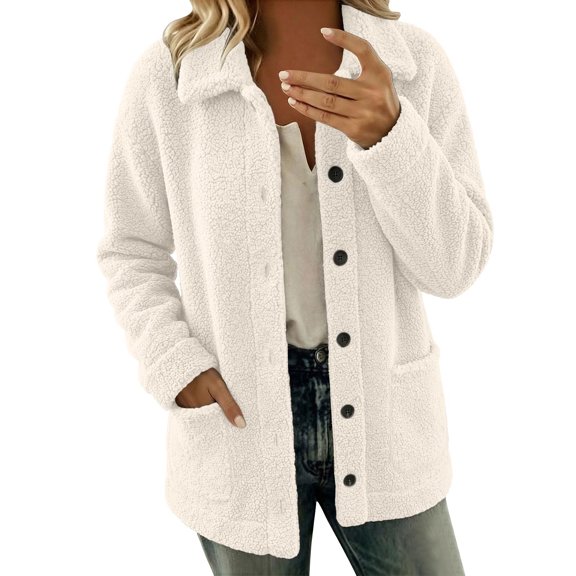 Enjoytime Fleece Jacket Women Lapel Collar Long Sleeve Button Down Coat Casual Cozy Warm Fall Winter Jackets with Pockets