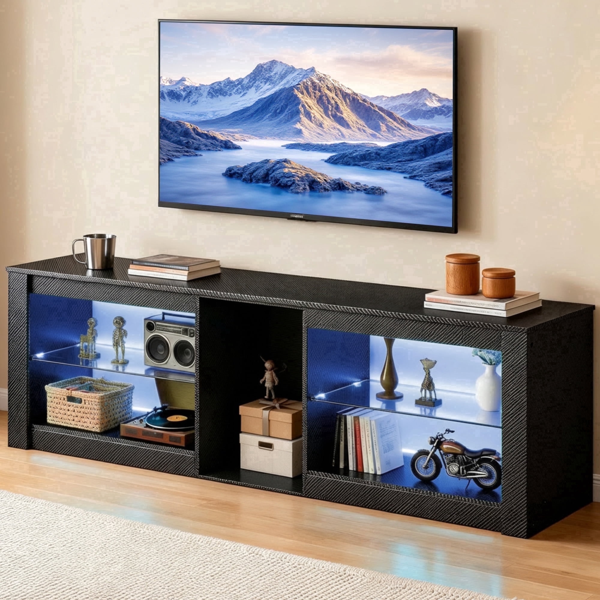 THAILE Black TV Stands for Living Room, Entertainment Center for TVs up to 65" with Glass Shelves & Carbon Fiber Finish