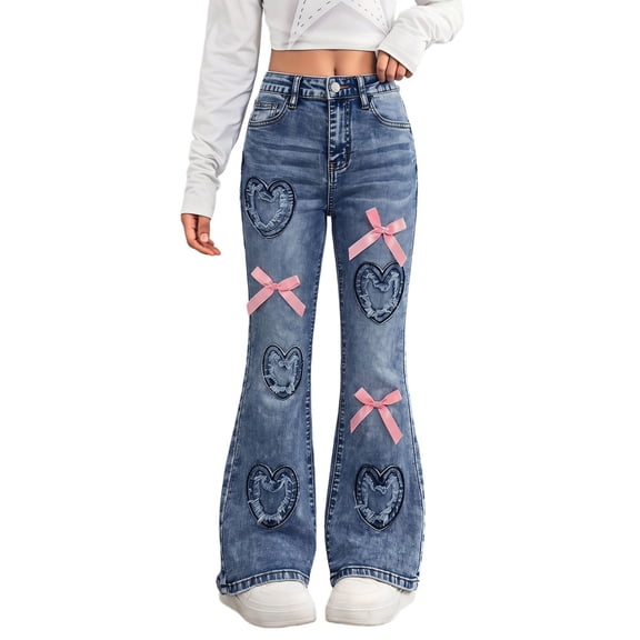 CAIVO Girls Embroidered Heart Flared Leg Jeans With Bow Detail For Daily Wear Classic Kids Trousers
