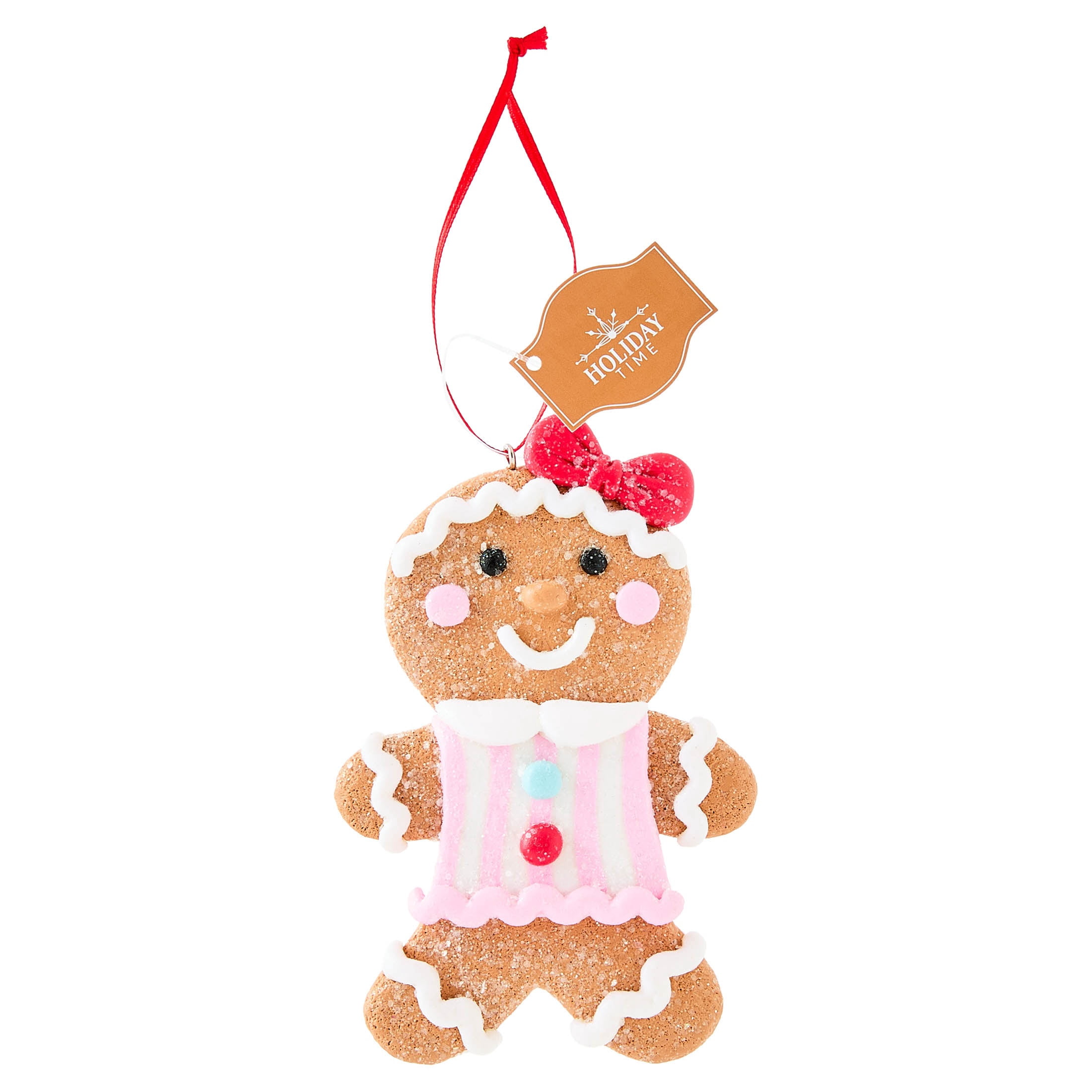 Multicolor Clay Dough Gingerbread Girl with Bow Christmas Ornament, 4.5", by Holiday Time