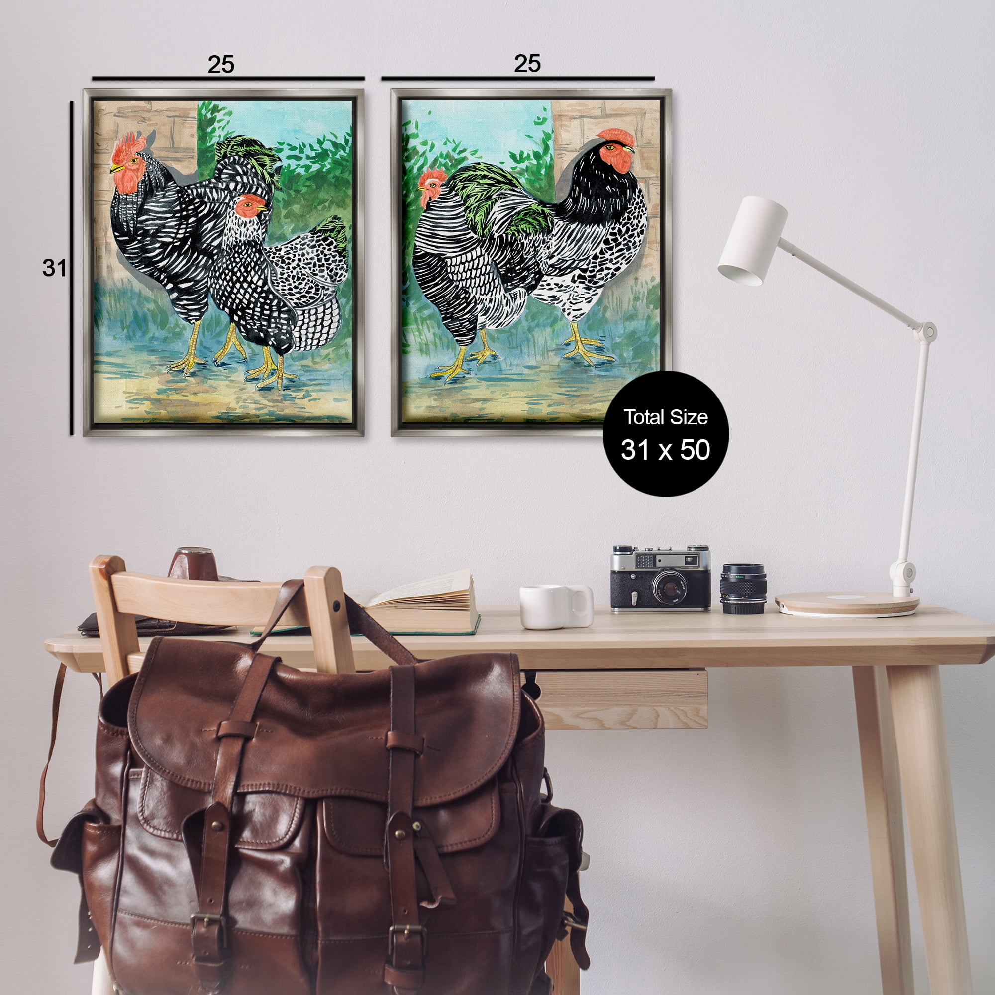 Stupell Industries Rooster and Hen Foraging Animals Painting Gray Floater Framed Canvas Art Print Wall Art, 31 x 25, Set of 2