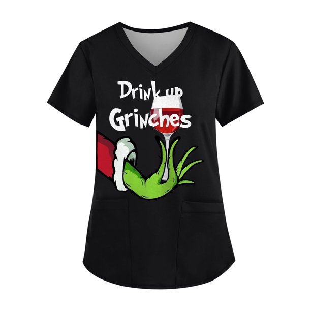 Uniforme médico navideño MIARHB, talla grande, estampado navideño, uniforme de trabajo, tops para mujer, cuello en V cruzado, estampado del Grinch, manga corta, camisetas divertidas, ropa de trabajo