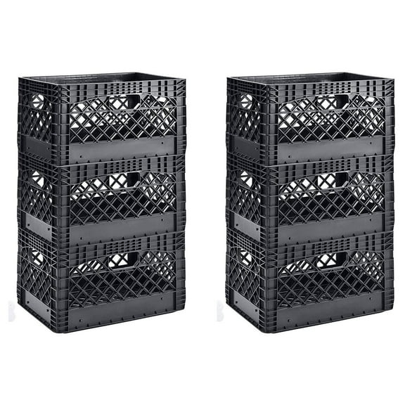 Heavy Duty Storage Crates 24 Quart - 3 Pack Black Stackable Milk Crates - Durable Plastic Organizer Bins for Garage, Home, Indoor & Outdoor - 19" x 11" 2 X 3 Pack