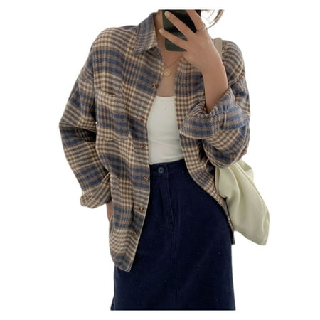 

Amuver Women s Button Down Plaid Jacket Long Sleeve Chest Pocket Shirt Coat