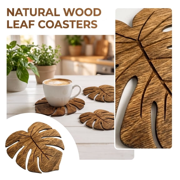 MInHoues Monstera Leaf Wooden Coaster,Natural Wood Leaf‑Shaped Drink Coaster,Heat Resistant Flat Printed Cup Mat for Coffee Tea Cups,Dining Table Home Decor