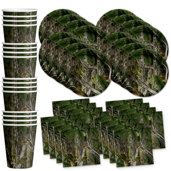 Hunter Tree Camo Birthday Party Supplies Tableware Set Includes Plates, Cups, Napkins Kit For 16