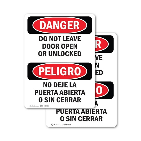 (2 Pack) Do Not Leave Door Open Or Unlocked Bilingual OSHA Danger Sign
