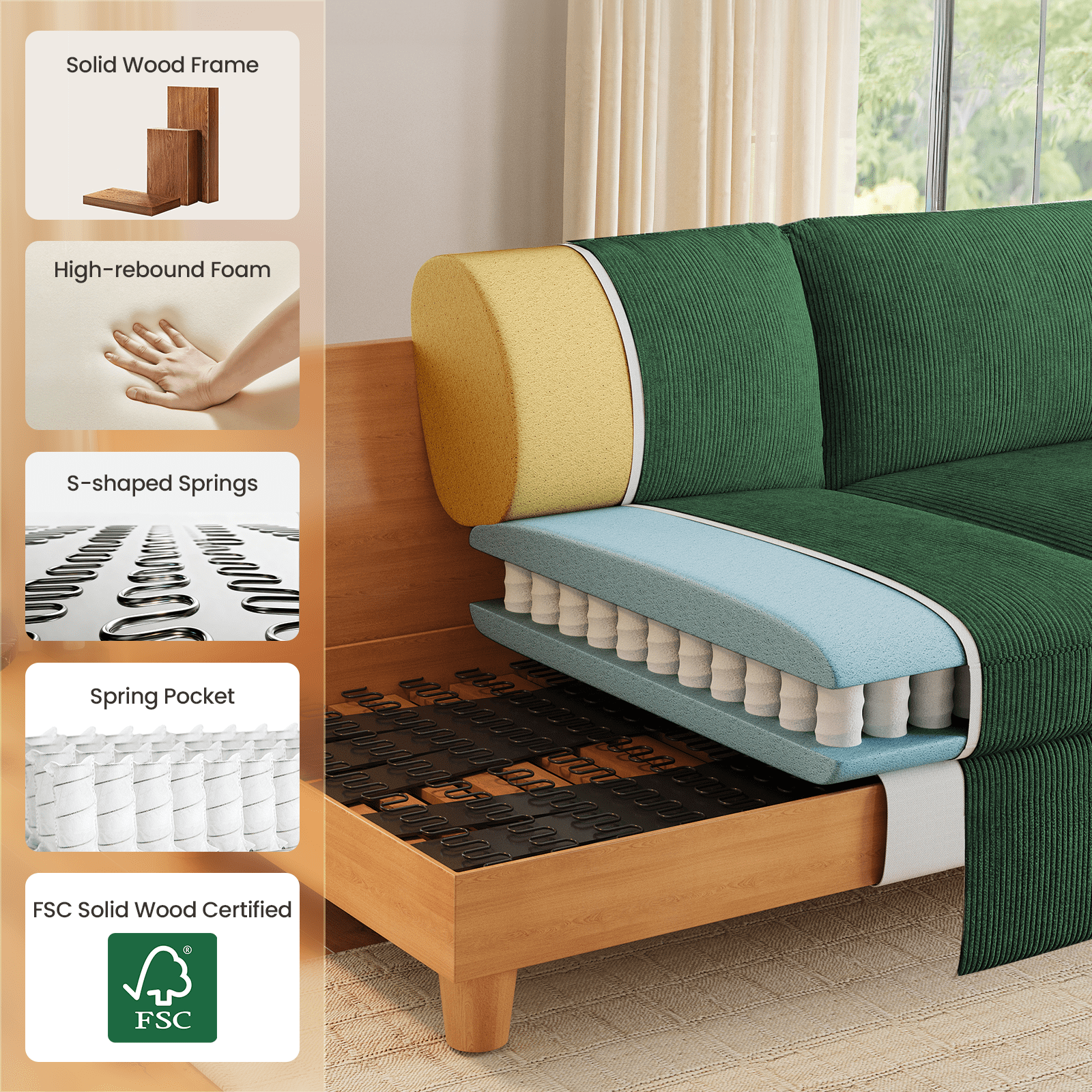 87" Sofa, Comfy Cloud Couch, Upholstered Couch for Living Room, Green