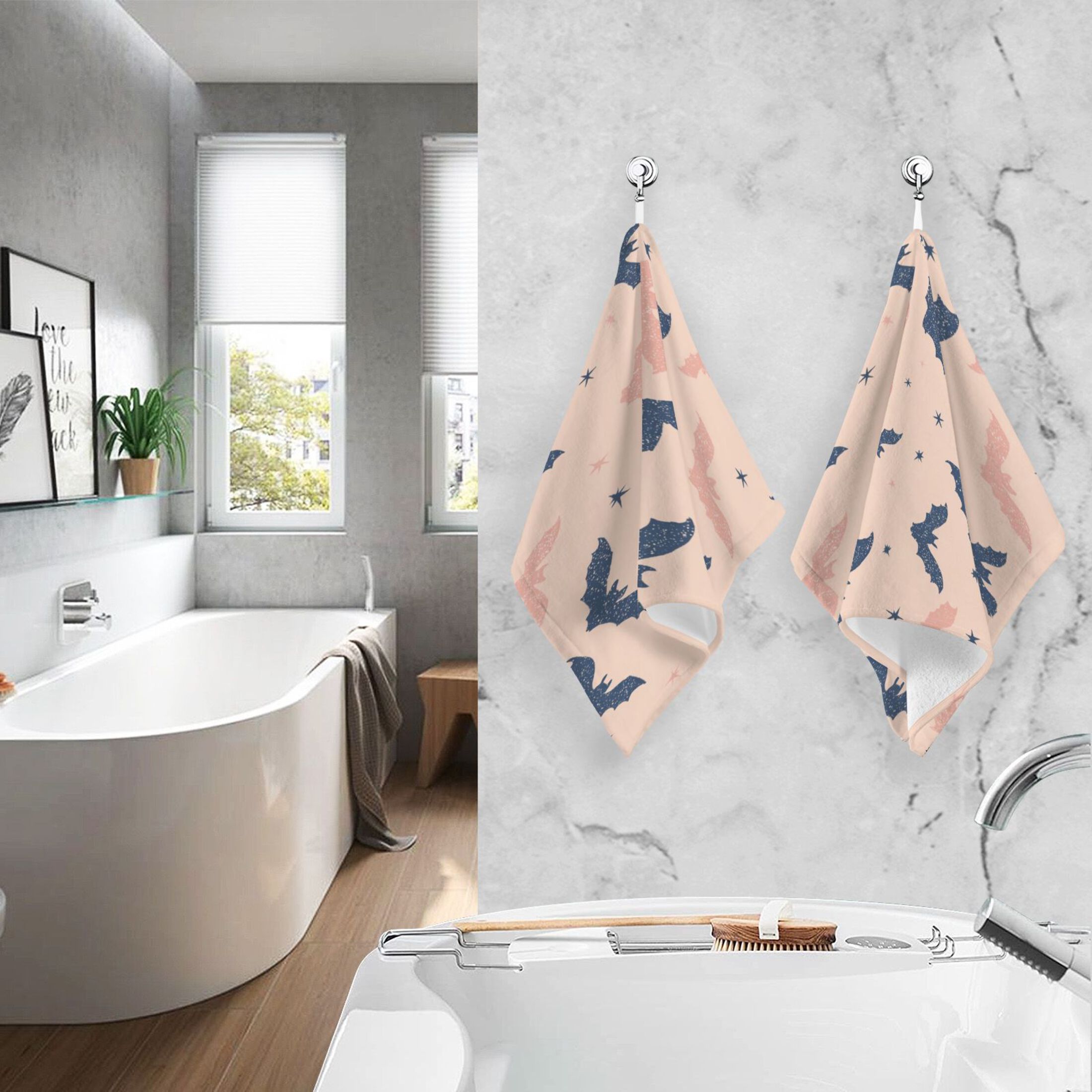 2 Pieces of Cotton Towel Face Towel Set Hand Towel Bath Towel Cotton Bath Towel Sets Cartoon Black Bats