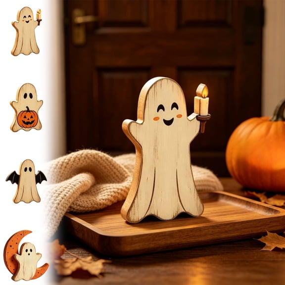 Aoznliie Halloween Decor, Hand Carved Wooden Ghost Ornament for Tabletop, 6x5 inch Cute Figurine for Indoor Display, White