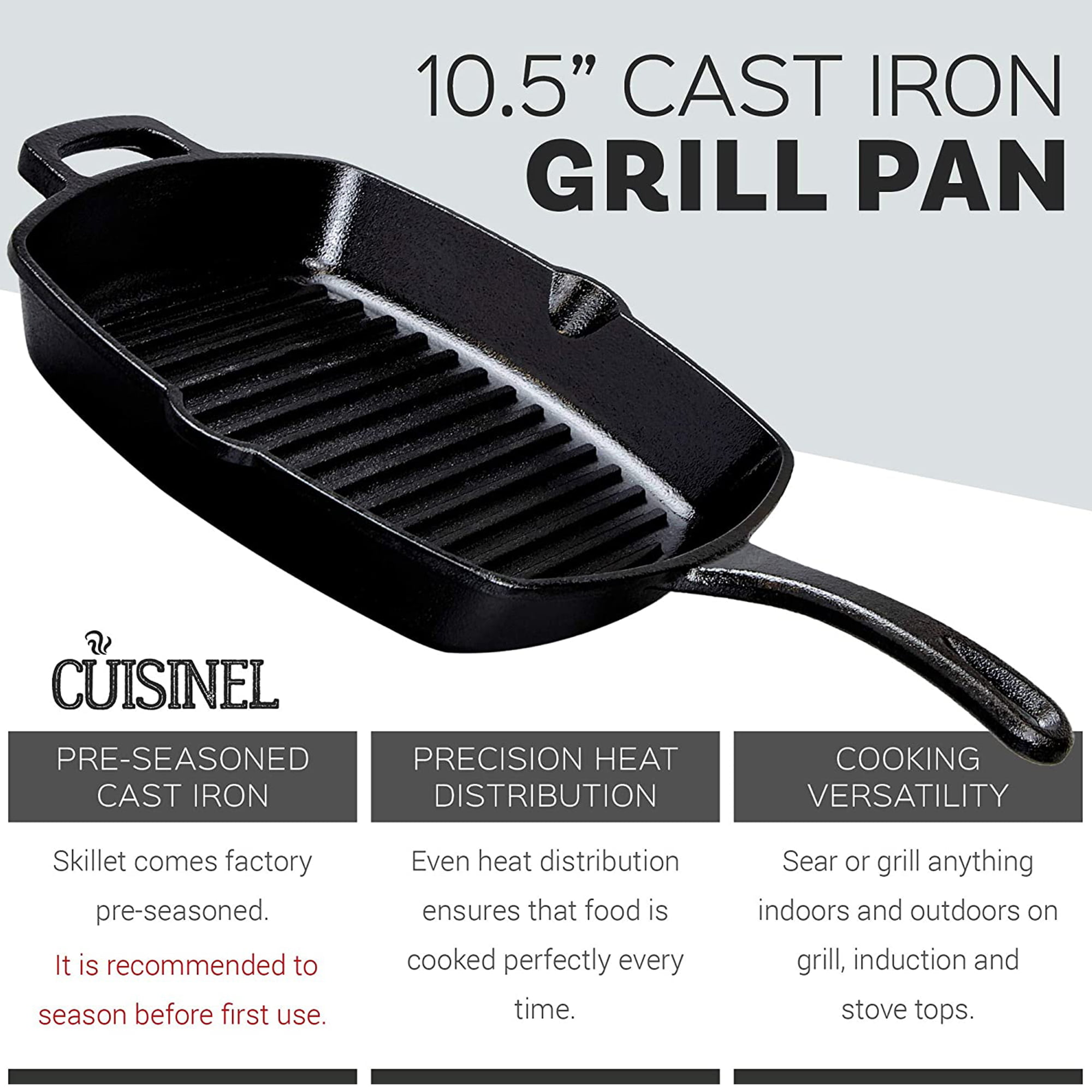 Cuisinel Cast Iron Griddle/Grill + Scraper/Cleaner - Reversible  Pre-Seasoned 16.75 X 9.5-inch Dual Handle Flat Skillet and Griller Pan +  Cleaning