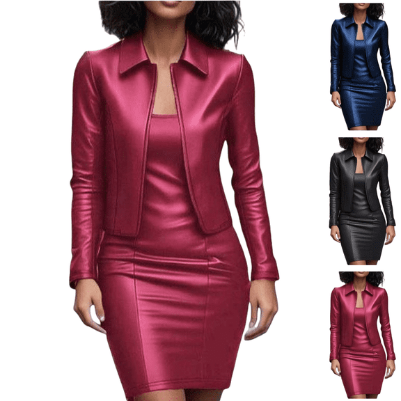 Mifsaly 2 Piece Black Leather Dress for Women formal Business Dresses Set Faux Leather Jacket & Pencil Skirt Holiday Party Office Bodycon Matching Outfits 2026 XXL