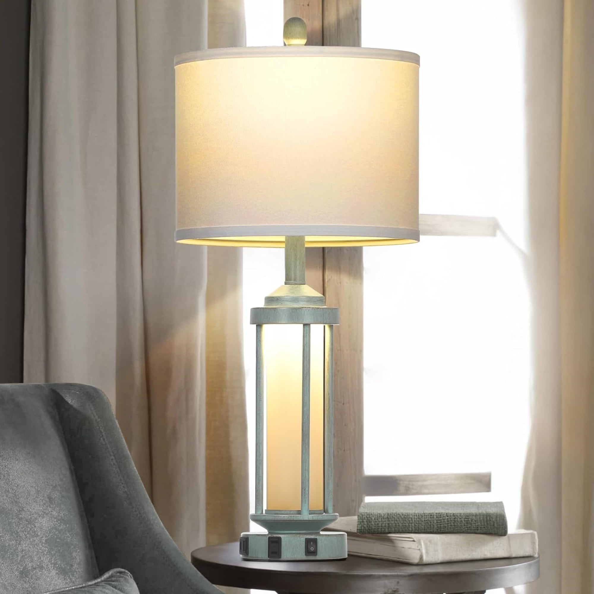Cinkeda Industrial Table Lamps Set of 2 for Living Room Bedroom Coastal Blue Bedside Nightstand Lamp with USB A+C Ports AC Outlet Glass Nightlight