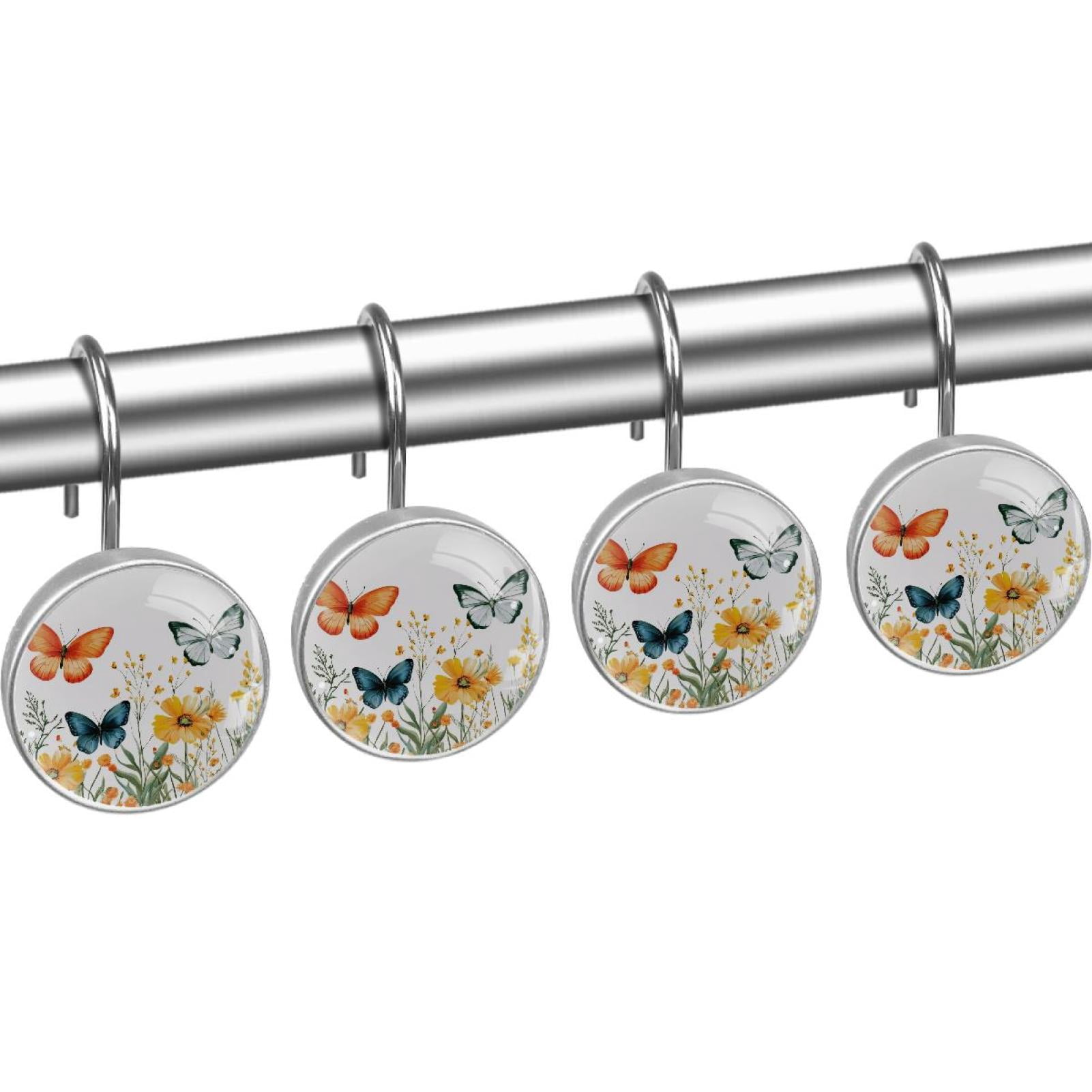 Butterflies Yellow Peony Florals Shower Curtain Hooks Round Crystal Glass, Set of 12 Shower Curtain Rings - Shower Hooks for Curtain Shower Rings