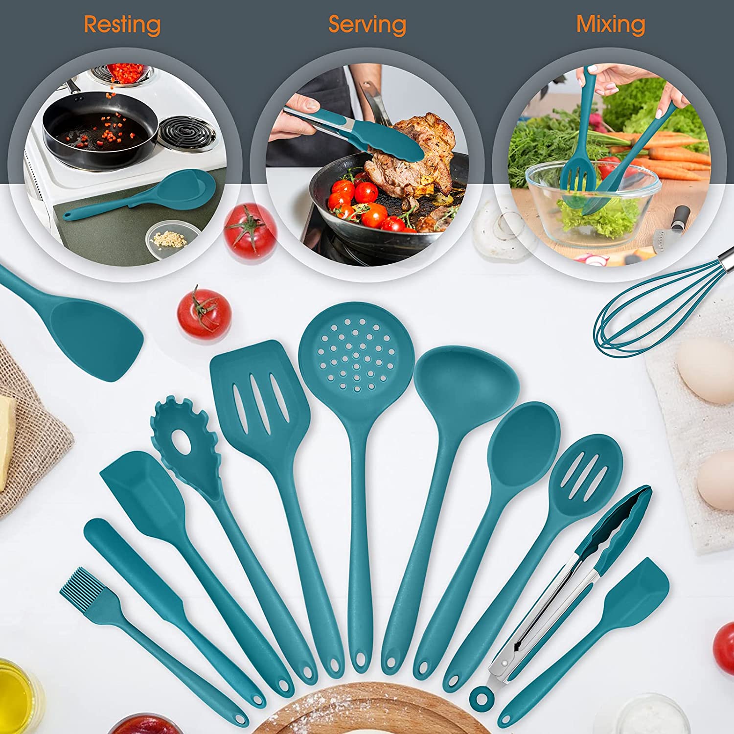 Vesteel 15-Piece Silicone Cooking Utensil Set, Teal photo 2