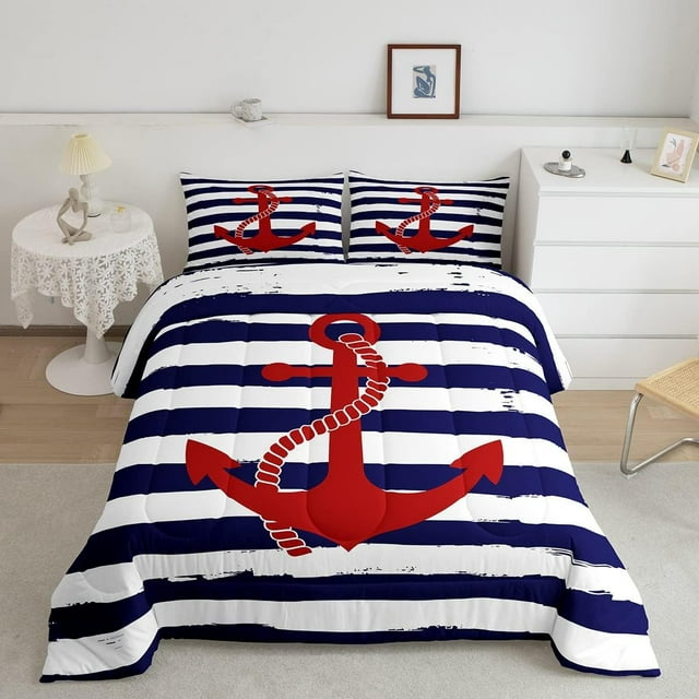 Geometric Stripes Comforter Set Twin Size,Nautical Anchor Bedding Sets Kids Boys Bedroom Decor Ocean Adventure Theme Quilted Duvet Modern Navy Blue Red Bedspread Comforter