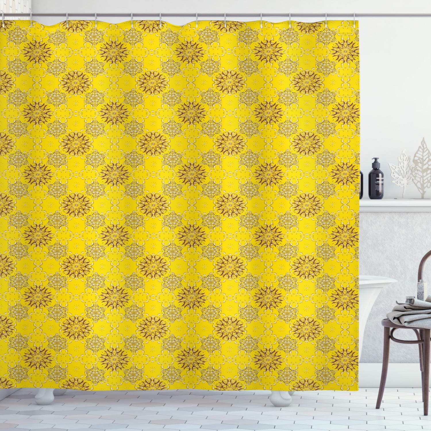 Yellow Damask Shower Curtain, Vintage Flourishing Swirly Flowers Spring