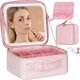thumbnail image 1 of Bolsa de cosmetiquera para maquillaje con espejo LED extraíble, neceser maquillaje con espejo luminoso, lámpara tricolor, tabique ajustable y estante de cepillo, viaje cosmetiquera grande (rosa), 1 of 4