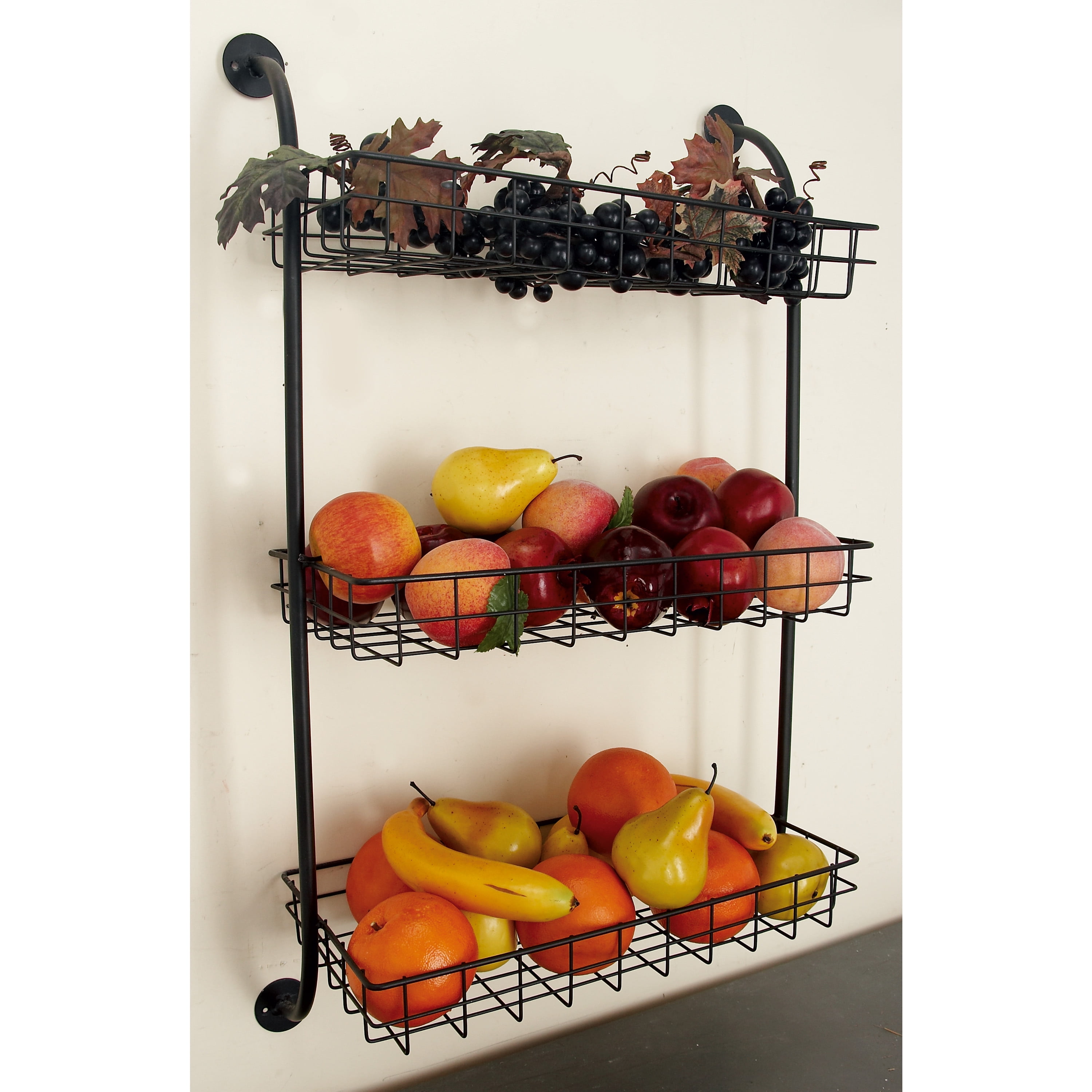 DecMode Black Metal 3 Shelves Room Wall Shelf with Suspended Baskets, 21" x 10" x 34"