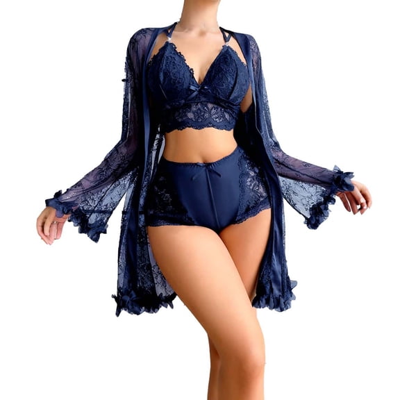 Qingpeng Womens 3 Piece Sheer Lace Nightgown Pajamas Set Bralettes See Through Bathrobe Bridal Wedding Sleepwear