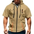 thumbnail image 5 of Men's Casual Short-sleeved Sweatshirt with Multiple Pockets and Zipper - Loose Breathable Solid-color Jacket for Athletic Use, Casual Outings, and Gift Ideas,Khaki,2XL, 5 of 5
