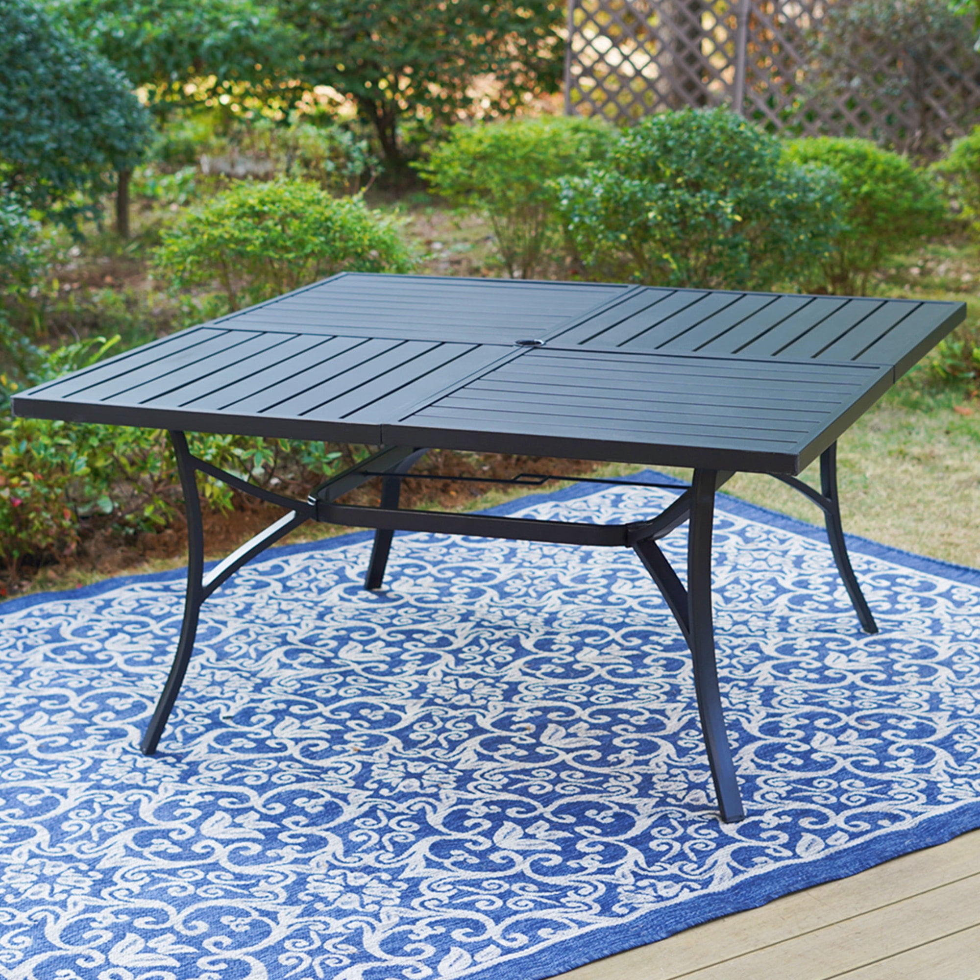SUMMIT LIVING 9-Piece Outdoor Patio Dining Set with Metal Steel Square Table & Textilene Chairs for 8-Person, Black & Denim-blue