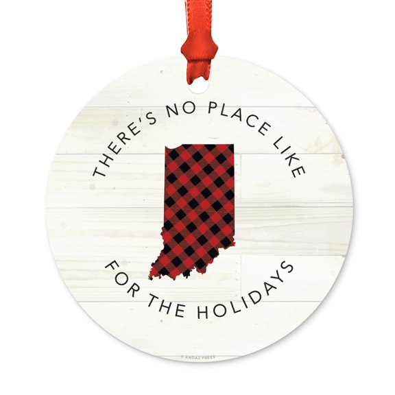 US State Round Metal Christmas Ornament, Red Plaid on Light Rustic Wood, Indiana, Includes Ribbon and Gift Bag