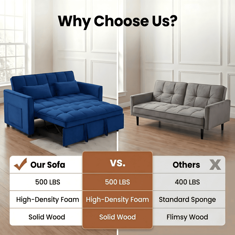 Gewnee 55" Sofa Bed, Convertible Sleeper Sofa & Pull Out Couch, 3-in-1 Velvet Loveseat with Adjustable Backrest and Storage Pocket, Blue