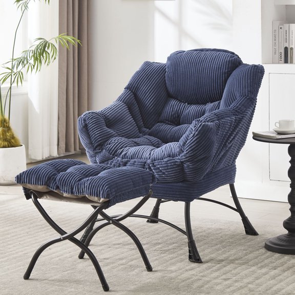 Modern Lounge Lazy Chair With Ottoman In Fluffy Flannelette Upholstery For Small Spaces, Ideal For Reading And Relaxing In Living Room Or Bedroom, Strong Steel Frame