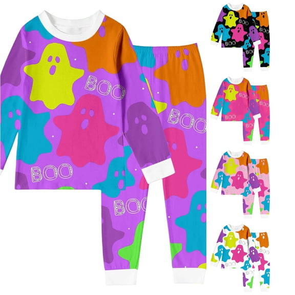Weebloom Halloween Kids Pajamas Toddler Girls Cute Ghost Boys Pajama Set Long Sleeve Sleepwear Nightwear Pjs Loungewear Purple 4Y