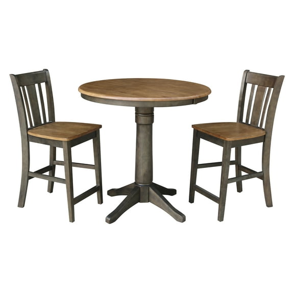 3-piece Solid Wood Counter Height Dining Set with 36'' Round Extension Pedestal Table and 2 San Remo Stools in Hickory/Washed coal by International Concepts