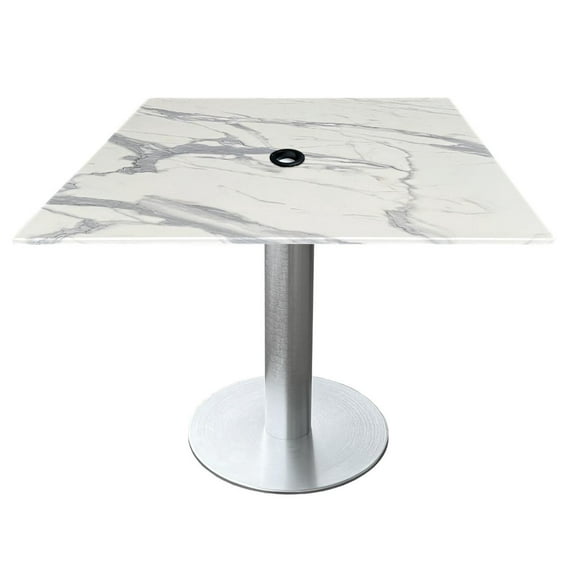 Indoor/Outdoor 30" Tall OD219 Brushed Aluminum Table Base with 18" Diameter foot and 32" x 32" Square Indoor/Outdoor White Marble Top with Umbrella Hole