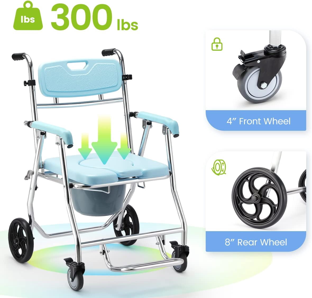 OasisSpace Folding Shower Commode Wheelchair - 300lbs Bedside Commode with Padded Seat, Waterproof Rolling Shower Chair with Arms and Backrest, Shower Chair with Wheels (FSA or HSA Eligible)