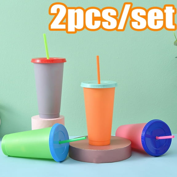 Cheers.US 2 Pcs 700ml Color Changing Cups, Reusable Plastic Cold Drink Cups with Lids and Straws BPA Free Adult Kids Summer Coffee Tumblers Party Cup