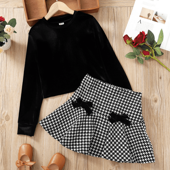 PatPat Ensemble 2 Pcs pour Fille, T-Shirt à Manches Longues et Jupe Pied-de-Poule, Taille 5-12