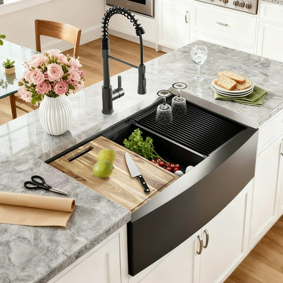 33 inch Dark Black Farmhouse Workstation kitchen Sink with Pull Out Faucet, Handmade Farm Apron-Front Single Bowl 18 Gauge Stainless Steel Kitchen Sink with Multifunctional Accessories