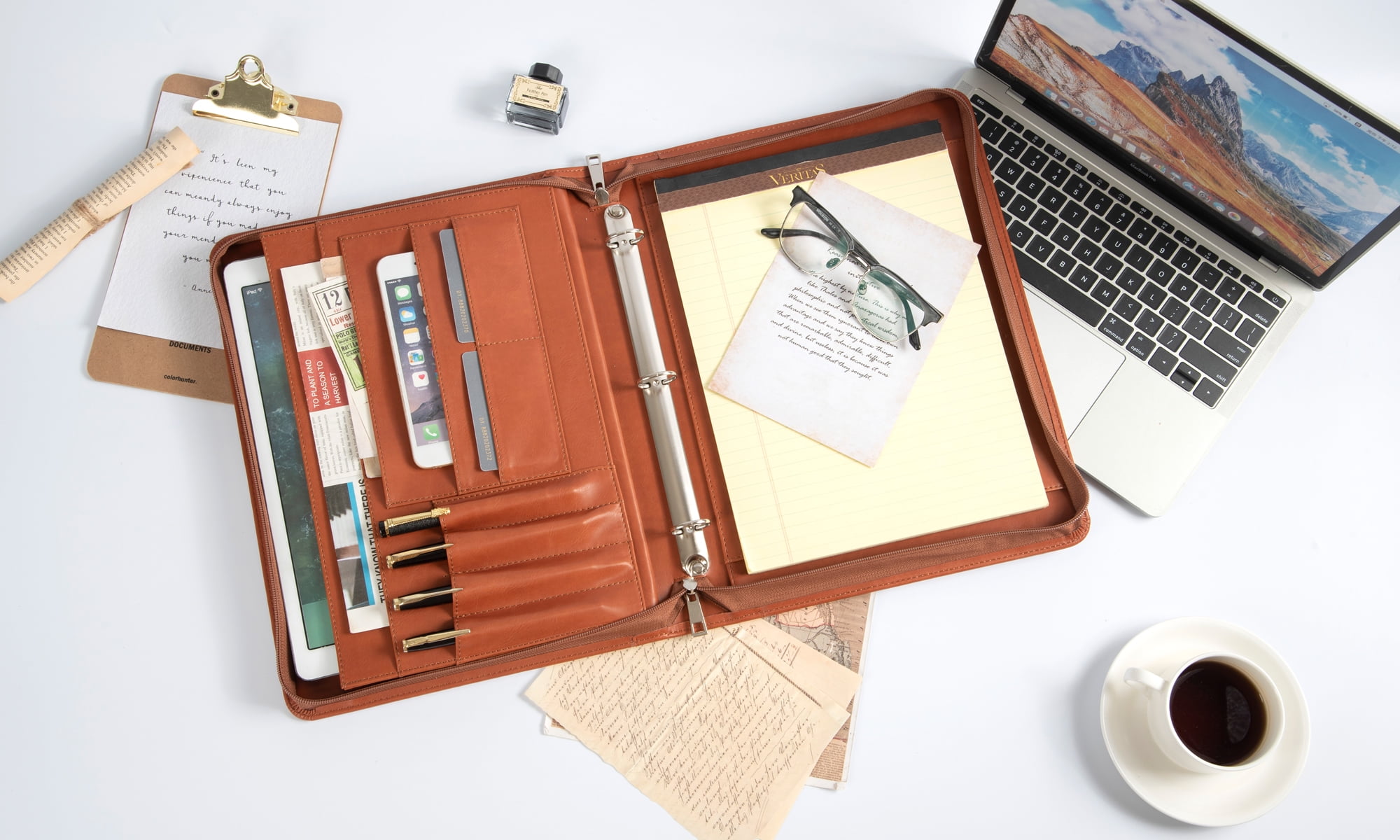 LeatherBelief Portfolio 3 Rings Binder,Zipper PU Leather Padfolio, Business Organizers with A4 Legal Pads, Gift for Him, Brown